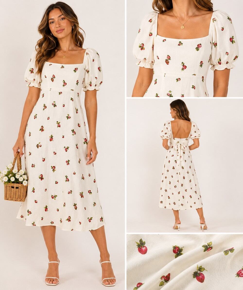 Jo West Strawberry Print Midi Dress XS Cottagecore Puff Sleeve Tie Back White